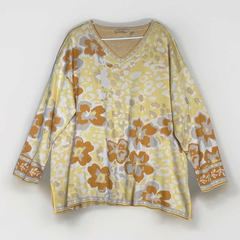 Soft Surroundings Tunic Sweater Yellow Orange Floral Long Sleeve V-Neck Size 1X
